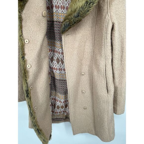 Elevenses Anthropologie Women's Faux Fur Trim Wool Blend Overcoat Beige Size 6 - Picture 4 of 6
